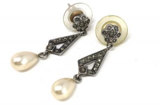 An Antique Art Deco Sterling Silver 925 Faux Pearl Marcasite Dropper Earrings