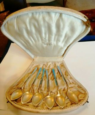Antique Set Of 6 Boxed Enamelled Sterling Silver Gilt Coffee Spoons - Boxed 83 G