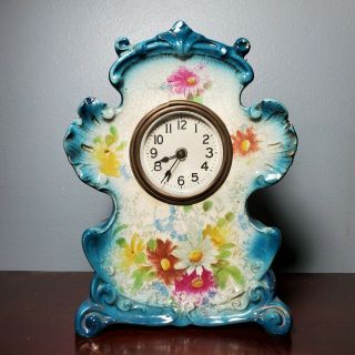 Antique German Royal Bonn " Anchor " Floral Porcelain Mantle / Desk Clock