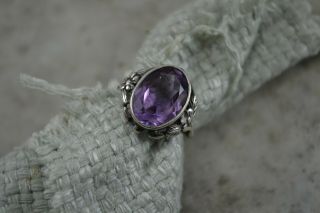 Antique 1900s Bernard Instone Amethyst And Silver Ring Size O Arts & Crafts