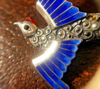 Antique Art Deco Sterling Silver Blue Enamel Chinese Phoenix Bird Brooch Pin Art