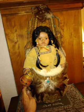 Native American Cathay Porcelain Doll 16 " Northern Indian Plains Beads Fur