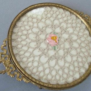 Antique Petite 5 " Gilt Ormolu Perfume Vanity Tray Wreath,  Ribbon Handles W Lace