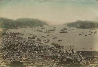Nagasaki Harbor Ships Aerial View Antique Tinted Albumen Photo Japan