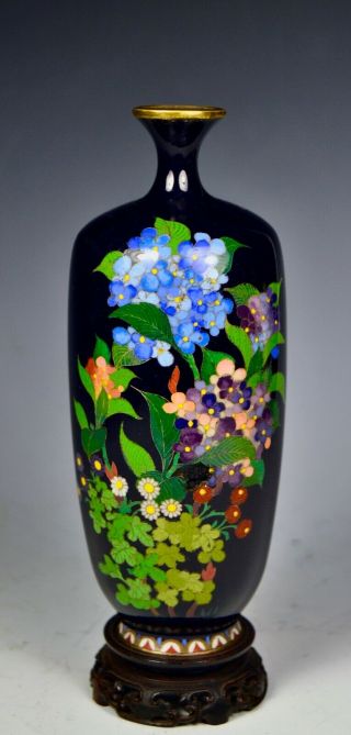 Fine Silver Wire Antique Japanese Meiji Cloisonne Vase - Hydrangeas