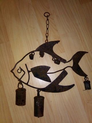 Vintage Antique Cow Bell Wind Chime Fish Hanging Handmade