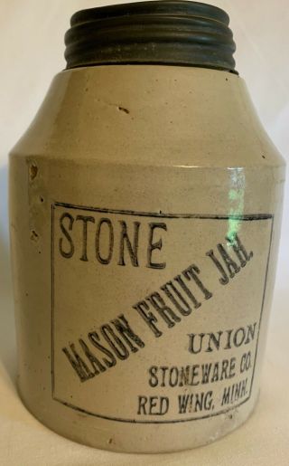 Antique Union Stoneware Co.  Stone Mason Fruit Jar,  Red Wing,  Minn - W/lid - Quart