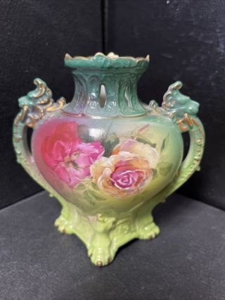 Antique Royal Bayreuth? Mini Vase W/lion Handles Hand Painted Roses Bavaria