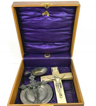 Antique Catholic Sick Call Or Last Rites Communion Set In Oak Box 2 Crucifixes
