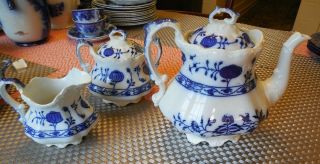 Antique Holland Johnson Brothers England Flow Blue Onion 3 - Piece Tea Set