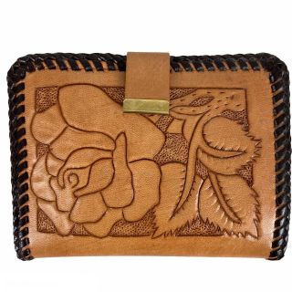 Vintage Hand Tooled Leather Wallet Floral Tan Brown