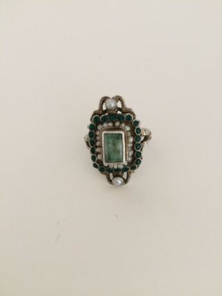 Antique Victorian Silver Ring Emerald Stone,  Sapphire,  And Real Pearl.  Size 6.