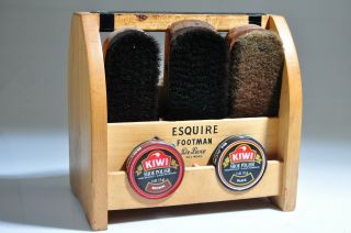 Esquire Footman Deluxe Shoe Shine Kit Tote Horsehair Brushes Kiwi Polish Vintage