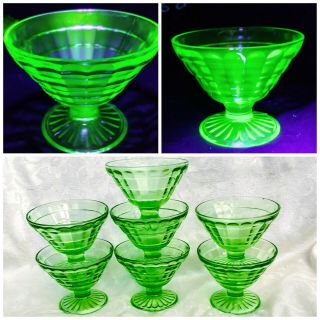 7 Antique Anchor Hocking Green Uranium Vaseline Glass Block Optic Sherbet Dishes