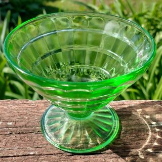 7 Antique Anchor Hocking Green Uranium Vaseline Glass Block Optic Sherbet Dishes 3