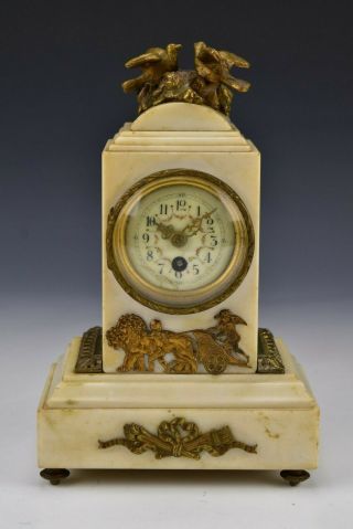 French Miniature Marble & Gilt Bronze Mantle Clock With Birds Cherubs Lion