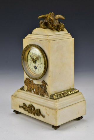 French Miniature Marble & Gilt Bronze Mantle Clock with Birds Cherubs Lion 2