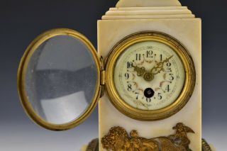 French Miniature Marble & Gilt Bronze Mantle Clock with Birds Cherubs Lion 3