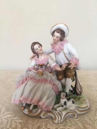 Antique Ackermann Fritze Dresden Lace Figurine Lady Couple Dog Bench