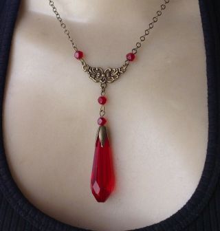 Vintage Necklace Antique Art Deco Red Czech Glass Pendant & Beads Refastened