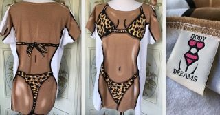Vtg Body Dreams Leopard Print Bikini T - Shirt Cotton Oversized Beach Coverup Euc
