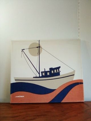 Pre Vintage Marushka Boat Silk Screen Print Textile Wall Art Home Decor