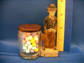 Antique Glass & Tin Toy Charlie Chaplin By Barrel Candy Container Bank 1915