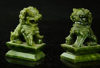China Rare A 100 natural green jade hand - carved statues fo dog lion 2