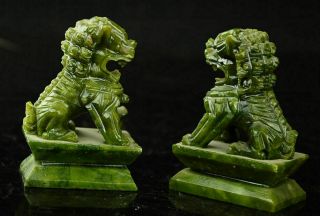 China Rare A 100 natural green jade hand - carved statues fo dog lion 3