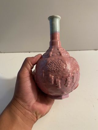 Antique Chinese 19th Century Celadon And Pink Glazed High Relief Bottle Vase