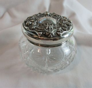 Antique,  Sterling,  Unger Bros.  Art Nouveau,  Cut Crystal Vanity Jar Late 1800 