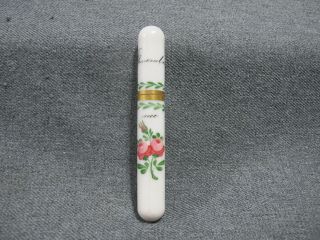 Antique Hand Painted Flowers Remember Me White Glass Sewing Needles Case Box