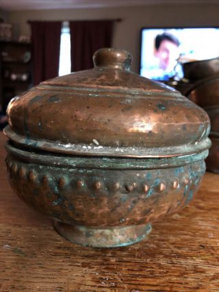 Antique Handmade Hammered Copper Pot Cauldron With Lid