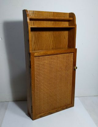 Vintage Oak Wood Wall Shelf Cabinet Cupboard Spice Rack Cane Door Mcm
