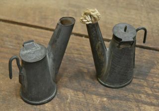 L558 - 2 Antique Tin Miners Oil Wick Teapot Cap Lamps Early Coal Mining Lighting