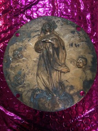 Fb 4 Antique Circular Brass Bronze Risen Christ With Angels Medallion