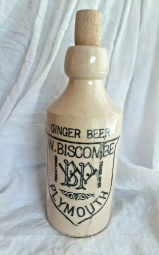 Antique 1890 Stoneware Pottery W.  Biscombe Plymouth Ginger Beer Bottle Advertise