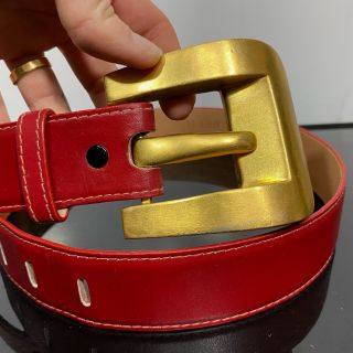 Patricia Von Musulin 133g Sterling Silver Buckle & Red Leather Belt 29” - 33”