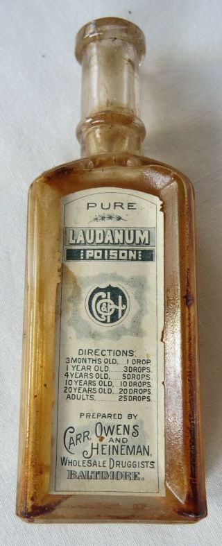 C.  1890 Orig Label Baltimore,  Md Druggist Laudanum Poison - Carr,  Owens,  Heineman