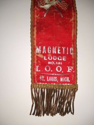 Antique Odd Fellow IOOF St.  Louis Mi Ribbon Double Sided No 141 Pin Badge 3