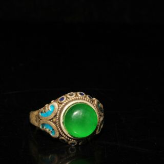 Chinese Old Craft Made Old Tibetan Green Jade Inlaid Cloisonne Ring