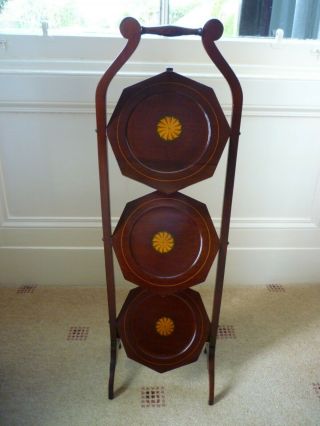 Antique Edwardian Heptagon Mahogany Folding 3 - Tier Cake Stand With Inlaid Centre