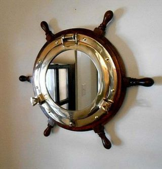 Nautical Porthole Captain Ship Wheel 18 " Handmade Decal Wall Mirror Wooden Gift