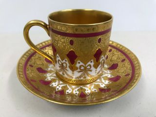 Antique Sevres Miniature Cup & Saucer - Red W Gold Gilt,  C.  1845