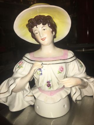 Antique/vintage German Ens Porcelain Half Doll 7” Yellow Hat Lady