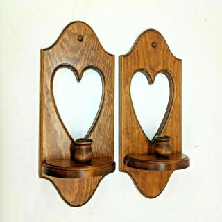 Set 2 Vintage Wooden Candle Holders 15 X 6 Wall Sconce Heart Cutout Pair