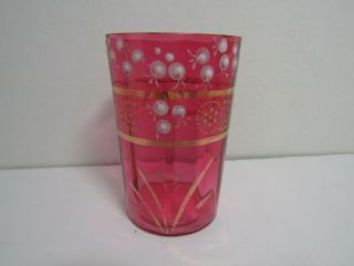 Antique Cranberry W/white & Gold Enamel Lily Of The Valley Glass Tumbler