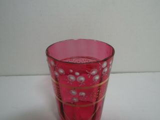 Antique Cranberry w/White & Gold Enamel Lily Of The Valley Glass Tumbler 2