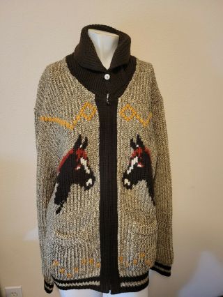 Tanbark 1950s 1960s Mens Gray Knit Shawl Collar Wool Equestrian Horse Sweater Xl