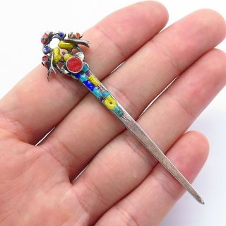 Antique Chinese Silver Cloisonne Enamel Floral Bird Handcrafted Hair Pin